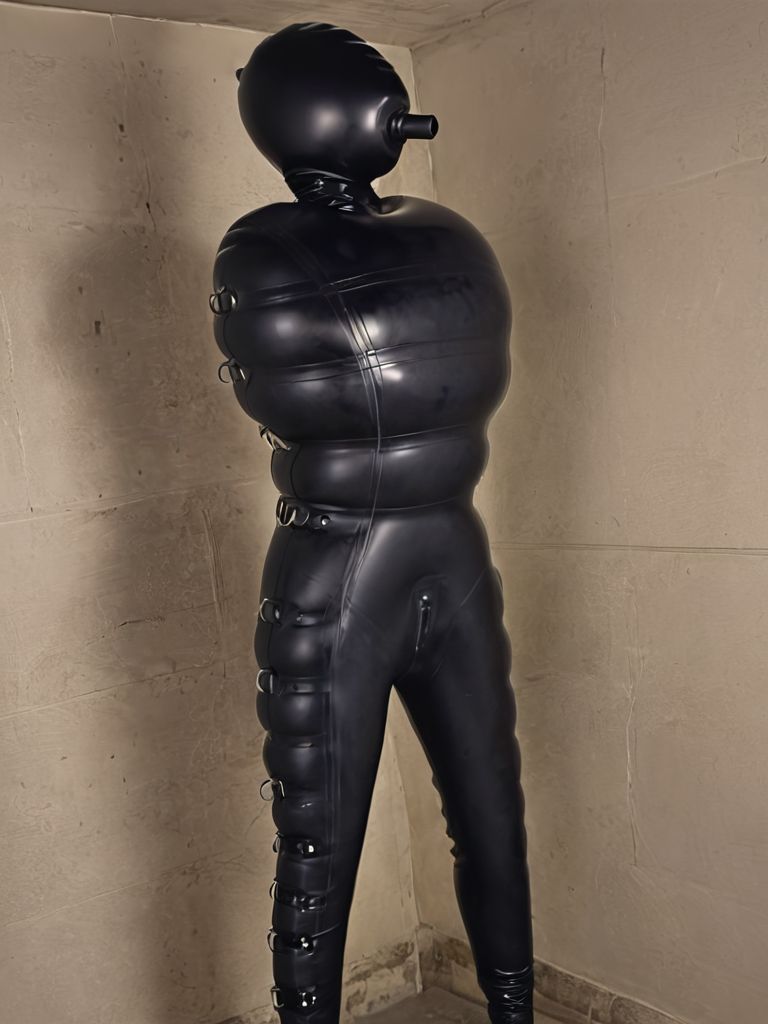 person in matte black infltltx cover-all catsuit with reinforcements and attached infltltx hood with breathing tube, dynamic pose, basement, dark, spooky, low ceilings, cellar, dim, rear 3/4 angle, <lora:infltltx:1>