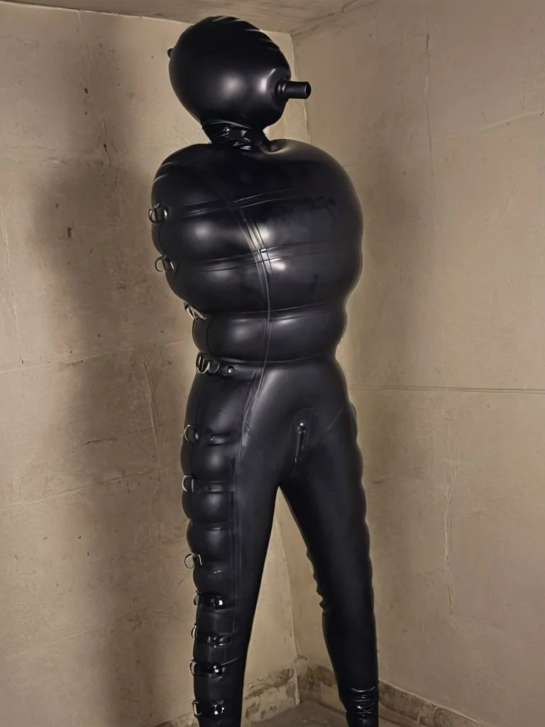 person in matte black infltltx cover-all catsuit with reinforcements and attached infltltx hood with breathing tube, dynamic pose, basement, dark, spooky, low ceilings, cellar, dim, rear 3/4 angle, <lora:infltltx:1>