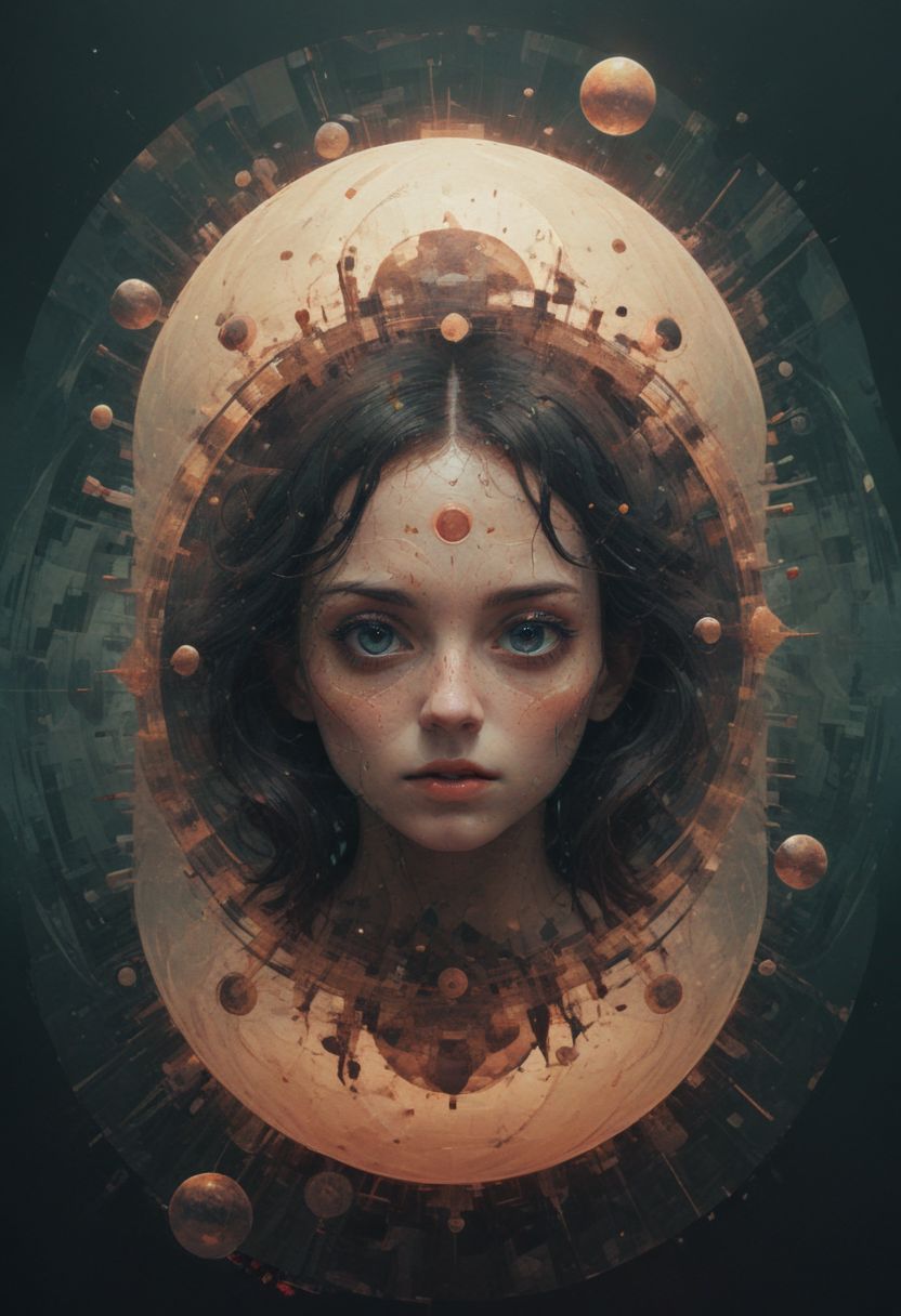 Surreal circles glitchcore, double exposure, poster style, geometric, circles and spheres, glitchy, eerie