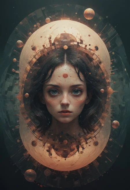 Surreal circles glitchcore, double exposure, poster style, geometric, circles and spheres, glitchy, eerie