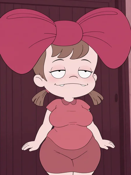 <lora:The_BowIL:0.8> t_b, 1girl, black eyes, pale skin, light brown hair, pigtails hair, fringe, circular eyes, huge bow on head,
(mature, curvy:2)