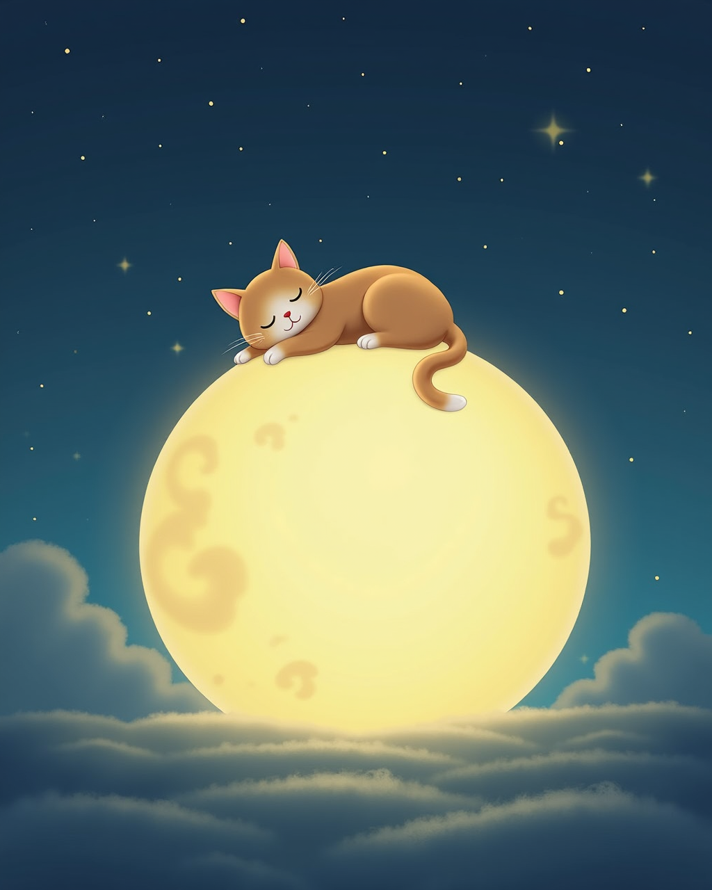 A cat sleeping on the moon, with a blue sky and stars in the background. The cat is sitting on top of an oversized, round, glowing light that resembles the shape of a full or half-moon. It's a peaceful night scene with clear skies.