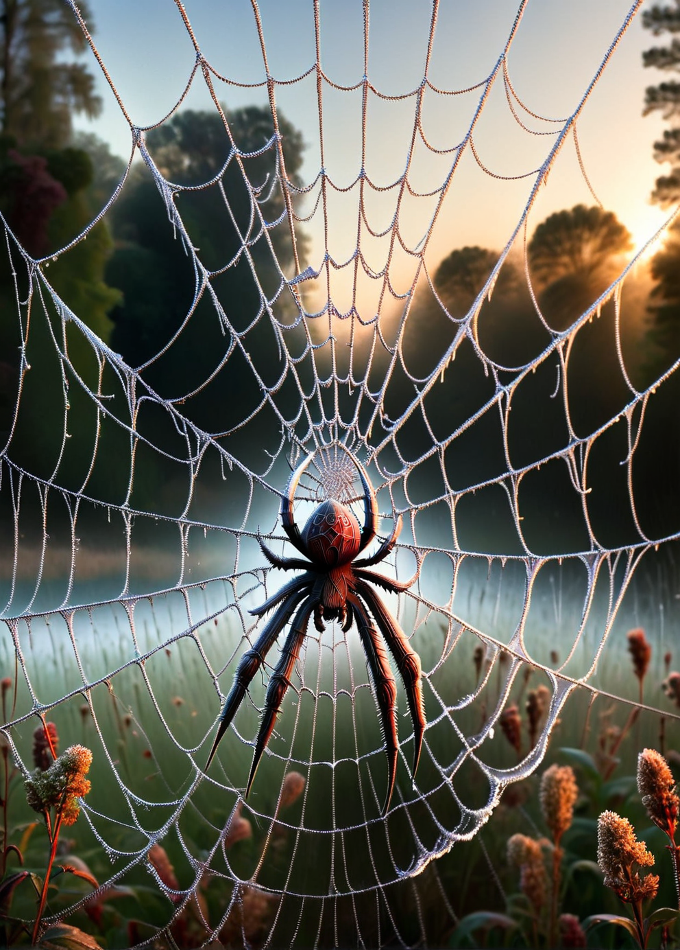 An ais-rghhwn spiderweb, its delicate gossamer threads resembling spun silver <lora:ais-rghhwn-sdxl:1>