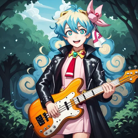 score_9, score_8_up, score_7_up, score_6_up, 1girl, solo, outside, (play on bass gutar:1.6) on rock concert with long black leather coat,
beautiful anime eyes, aqua eyes, cross-shaped pupils, symbol-shaped pupils, + +,
blonde hair, long hair, curly hair,multicolored hair, nia teppelin, two-tone hair, hair flower, hair ornament, short hair, curly hair, tengen toppa gurren lagann, <lora:niaTeppelin:0.8>
pink dress, jewelry, pink dress, red necktie, armlet, bare legs,
(kelvin hiu:0.3),
d4rk01l, <lora:d4rk01lXLP:0.1>
garainy palaroid <lora:Concept Art Ultimatum Style LoRA_Pony XL v6:1>
<lora:lozhkin_pony:0.4> lozhkin, open mouth, big smile, accurate teeth with gaps,