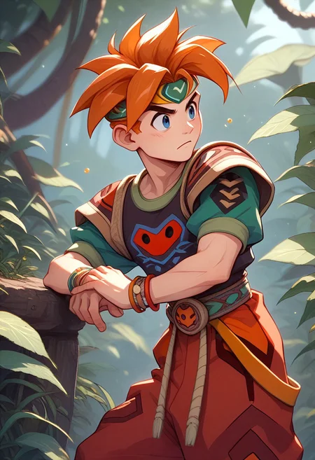 score_9, score_8_up, score_7_up, 1boy, terranigmark, spiky orange hair, pauldrons with faces, jeweled headband, print shirt, green sleeves, bracelets, belt with dangling straps, red baggy pants, outdoors, lush jungle