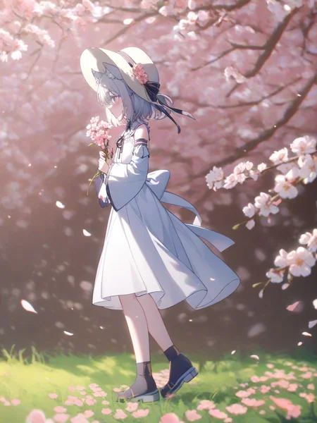 1girl,solo,cherry blossoms,hair flower,pink flower,hair ribbon,cat ears,animal ear fluff,blue eyes,grey hair,short hair,bangs,hair between eyes,eyebrows visible through hair,blush,neck ribbon,white dress,crease,frilled_collar,detached_sleeves,flat chest,
holding,holding flower,standing,
sun hat,grass,hat ribbon,sunlight,bow,day,field,outdoors,profile,flower field,
from side,full body,
<lora:ag31-KonYa666_2-000038:1>,