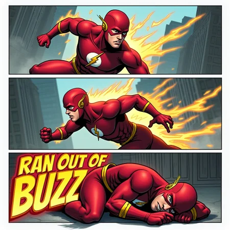 A three panel comic, the setting is a city center during the day. The first panel is a wide shot of the flash wearing his red suit with prominent yellow lightning bolt as he runs at super speed, The second panel is an action shot of him as he trips, with a comical surprised expression. The last panel is a close-up of him on the ground sleeping in a heap, with bold yellow text that reads: "Ran out of BUZZ"