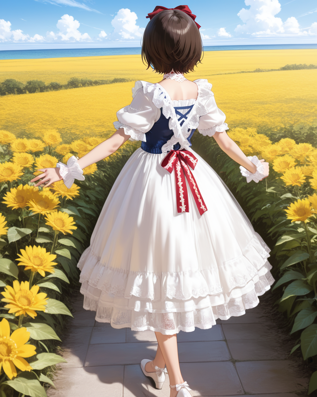 Positive: Masterpiece, best quality, amazing quality, very aesthetic, high resolution, ultra-detailed, absurdres,
1girl, solo, 
brown hair,short hair,blue eyes,
hair over one eye,
blue top white skirt red accented lace bow dress,
blue vest,white dress,red bow,puffy short sleeves,frilled dress,lace trim,apron,wrist cuffs,choker,lace,frills,
hair bow,
white pumps with bow,
full_body,walking, arms extended horizontally at shoulder height with relaxed palms, 
outdoors, blue_sky,white cloud,flowers sea，from behind,