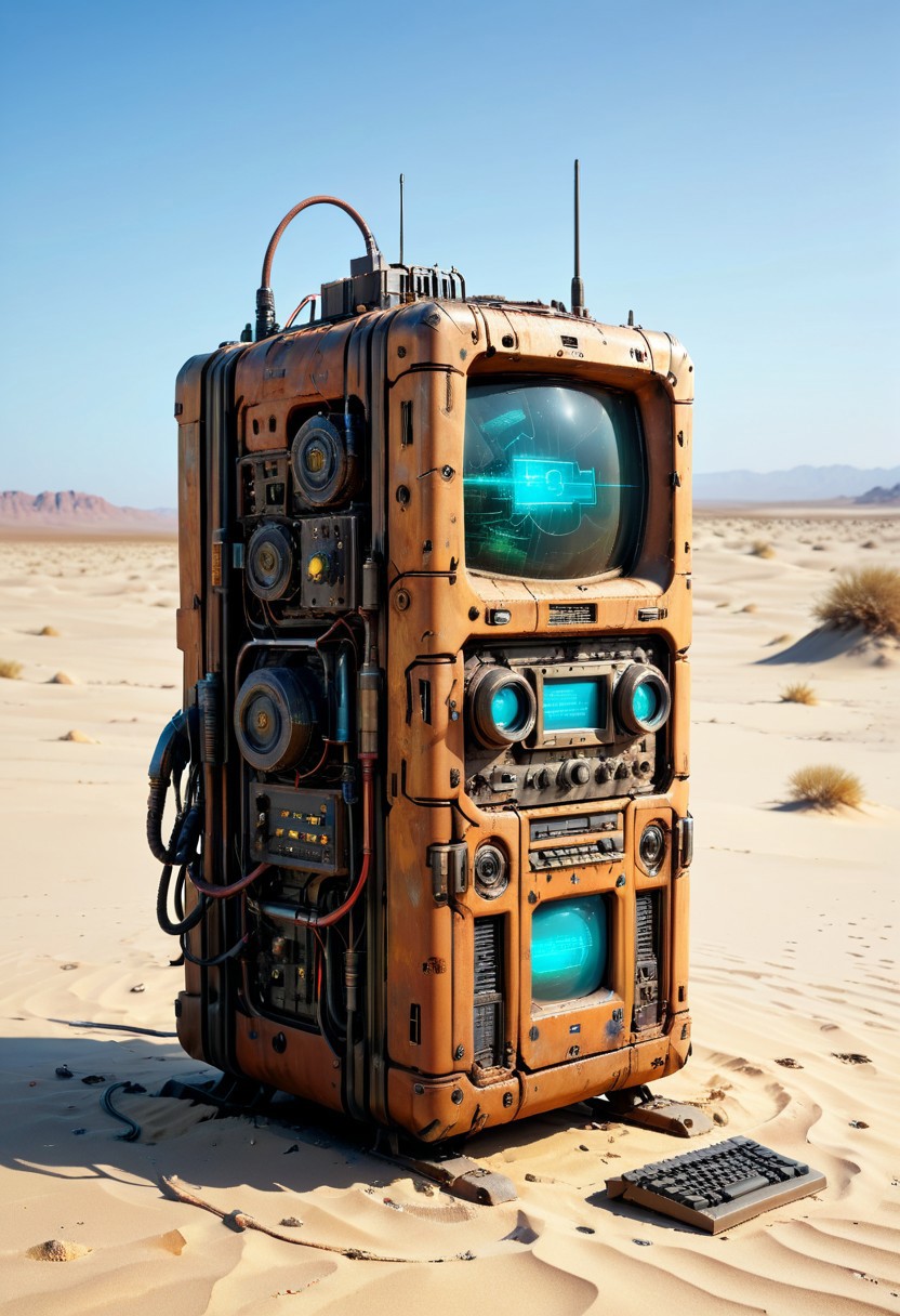 ultra high resolution, masterpiece, best quality, a sci-fi ,  desert, A (rusty) and (broken) retro computer buried in the sand, in the style of hyper realistic photography. evi@decrepPunk, no human