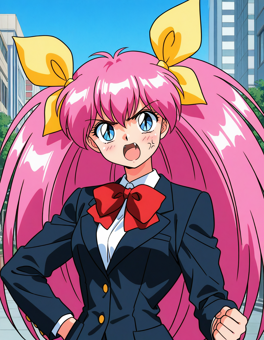 general,highres, ultra-detailed,very aesthetic,best quality ,best hands,  BREAK <lora:Hanasaki_Momoko_IS:1>Hanasaki_Momoko, 1girl,solo, long hair, pink hair, blue eyes, yellow bow, breasts, a, hair bow, twintails, very long hair, hair ribbon, 1990s (style),anime coloring, smile,looking at viewer, cowboy_Shot,
1girl, solo, angry,  open mouth, fangs, anger vein, ribbon, school uniform, bow, long hair, black jacket, upper body, hair ribbon, blazer, looking at viewer, 
twintails, slit pupils, blush, shouting, fang, shirt, yellow ribbon, grey background, bowtie, bangs
outdoor, day, sky, city,