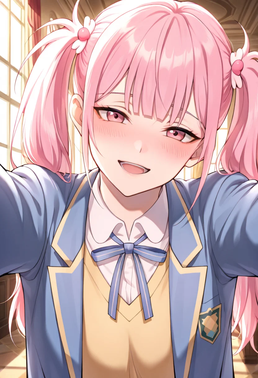 <lora:Li Tianxi School Uniform2:0.8>,15_Li Tianxi School UniformWoman,long hair,bangs,twintails,pink hair,side ponytail,pink eyes,shirt,ribbon,twintails,medium breast,light skin,1girl,school uniform,blue jacket,white shirt,collared shirt,neck ribbon,
masterpiece, high, quality, highres, absurdres, score_9, score_8_up, score_7_up, score_6_up, source_anime, rating_explicit,1girl, solo,smile,embarrassed,alcalose eyes, open mouth, mansion, indoors, looking at viewer, outstretched arms, pov, close-up, (head tilt:1.2),(Character).,