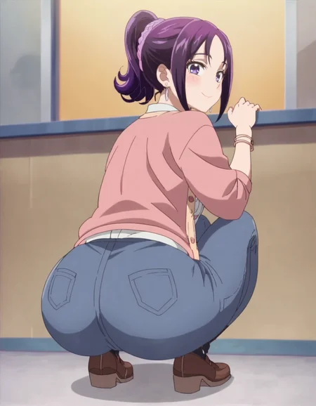 sscore_9, score_8_up, score_7_up, 1girl, solo, anime screencap, 1girl, solo,mishoumai, smile, looking at viewer, jewelry, cardigan, shirt, bracelet, pink cardigan, white shirt, closed mouth, cowboy shot,from behind,huge ass,blush,squatting<lora:mishoumai:0.8>