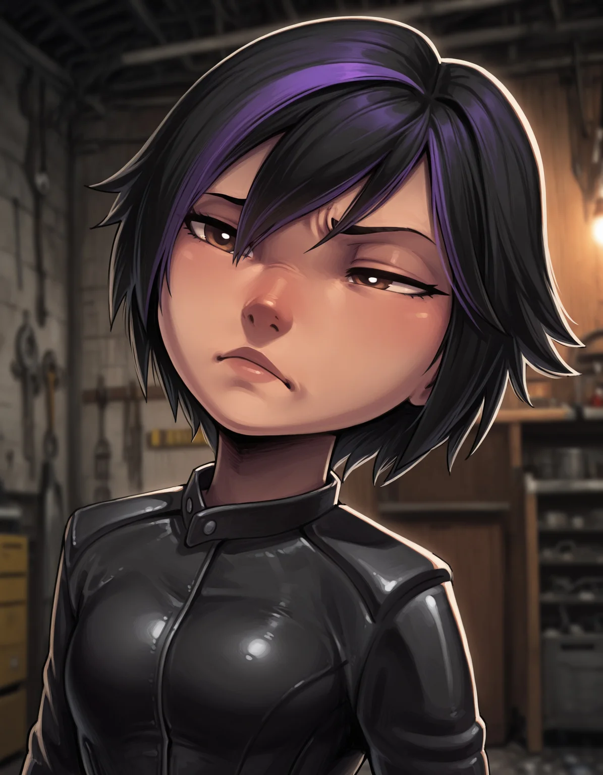 masterpiece,best quality, beautiful lighting, depth of field, blurry background, garage, workshop, wall,1girl, GogoBH, black leather jacket, short_hair, black_hair, dyed_bangs, purple bangs, brown_eyes, large_breasts, portrait, raised eyebrow, furrowed_brow, 
