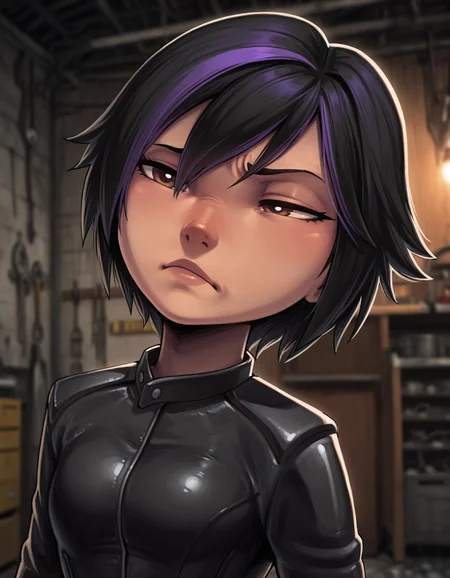 masterpiece,best quality, beautiful lighting, depth of field, blurry background, garage, workshop, wall,1girl, GogoBH, black leather jacket, short_hair, black_hair, dyed_bangs, purple bangs, brown_eyes, large_breasts, portrait, raised eyebrow, furrowed_brow,