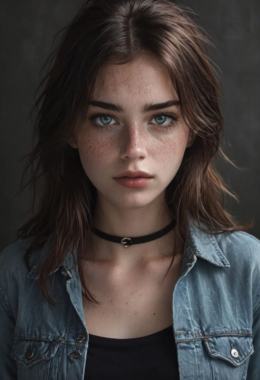 1girl, black shirt, jeans jacket, petite, white shirt, full body, bright picture, cute french girl, blue eyes,(brown hair), facing the camera, highly detailed, epic, (straight hair:1.7), gorgeous, film, Ultra High Resolution, wallpaper, 8K,Rich texture details, hyper detailed, detailed eyes, detailed background, dramatic angle, epic composition, SimplepositiveXLv1 dynamic lighting, award winning photo, (black choker:1.3), long hair, freckles,, (18 year old girl), (mad:1.7), slut, whore, ash hair, red lips, (no makeup:1.7)