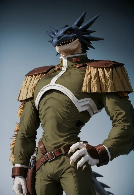 <lora:DuuzOutlawStarPony:1> duuz, dragon, military uniform, furry male, 1boy, solo, yellow eyes, uniform, epaulettes, teeth, sharp teeth, gloves, score_9, score_8_up, score_7_up, score_6_up, score_5_up, score_4_up, looking at viewer, hand on own hip, standing,simple background,