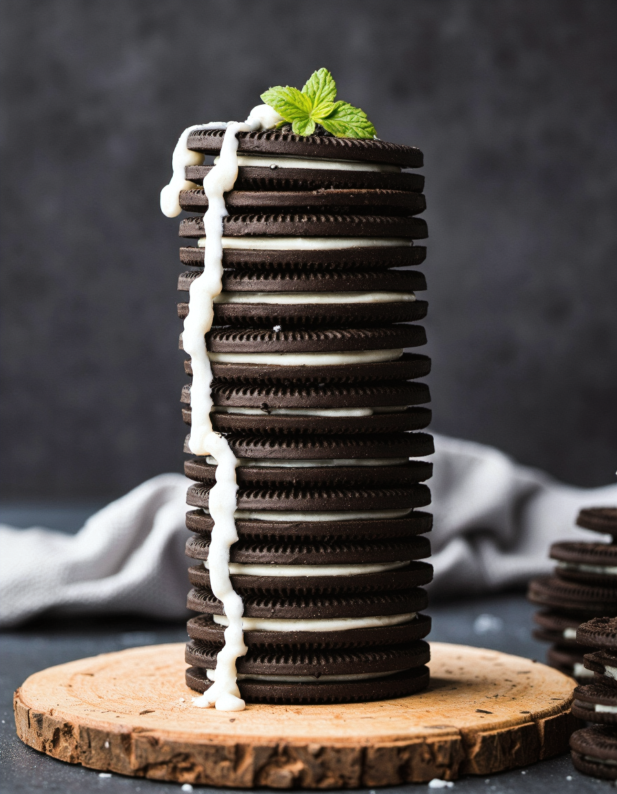 foodpho , High resolution food photography style using Sony A7RIV, The image shows a stack of Oreo cookies on a wooden board. The cookies are arranged in a vertical manner, with the top cookie being the largest and the bottom one being the smallest. The stack is made up of multiple layers of cookies, with each layer having a layer of white cream or cream on top. The cream is drizzled over the top of each cookie, creating a smooth and creamy texture. There is a small sprig of mint on top of the stack, adding a pop of green color to the image. The background is a dark grey color, making the cookies stand out even more. The overall mood of the image is elegant and decadent. The image is detailed and shot using a 50mm f 1.8 lens.