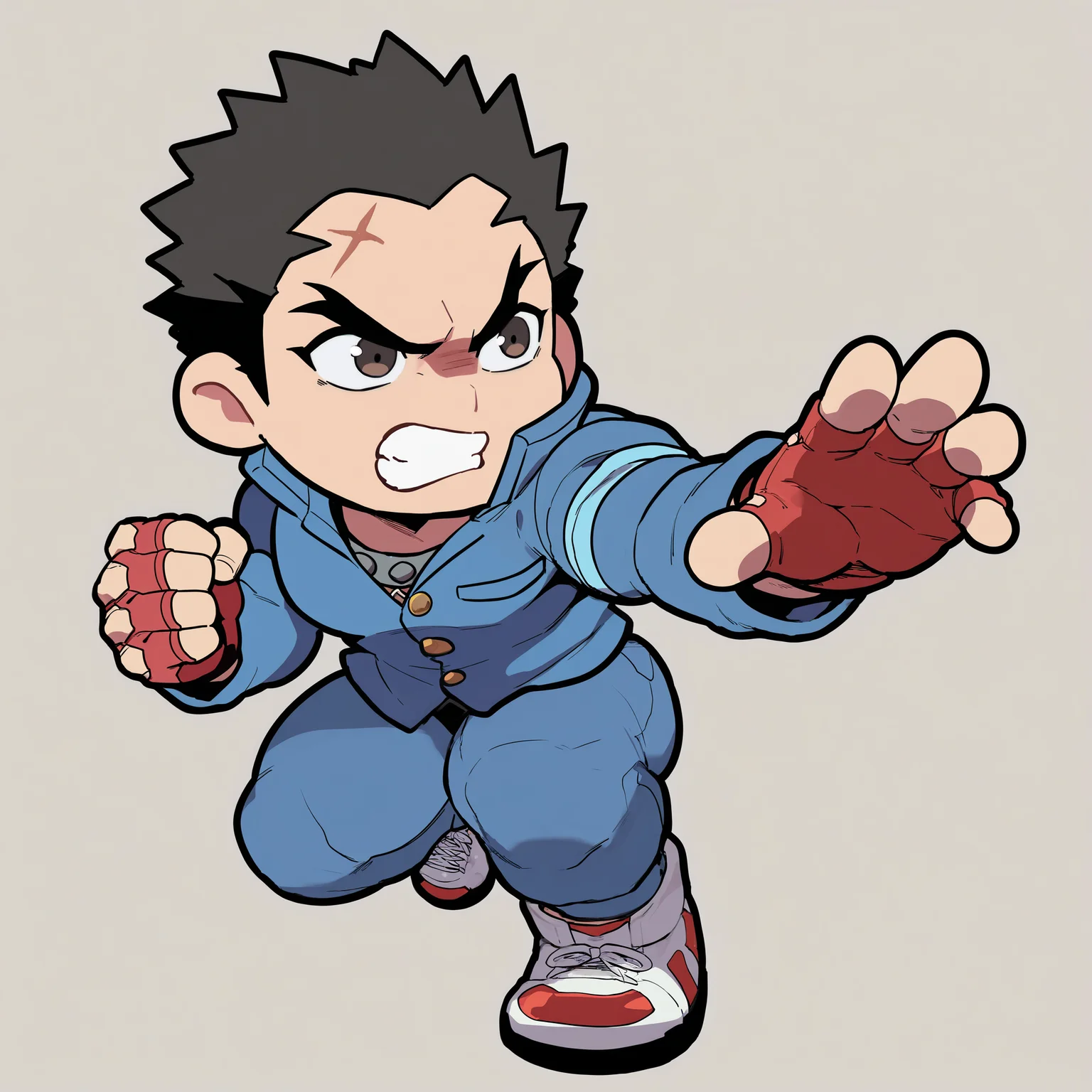masterpiece, best quality, newest, absurdres, highres, very awa, 1boy, male, male focus, ichimonji batsu, solo, (chibi only:1.3), blue jacket, blue pants, red gloves, fingerless gloves, fighting stance, simple background, clenched teeth, sneakers, bara
