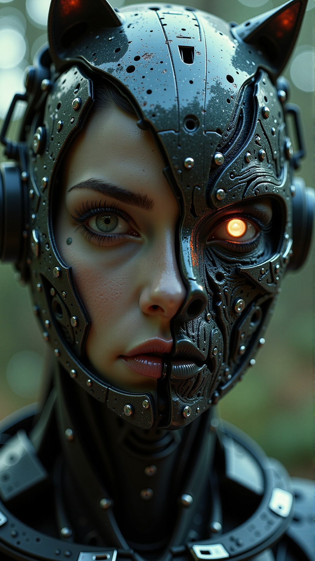 <lora:ck-Neurocore-Realistic-Cyborgs:1>, Please creature me an ultra detailed image include a close up of a female cyborg  with a face split in two pieces one half is a cyborg the other half werewolf ,Sci-fi movie (style by George Shaw),shallow depth of field, vignette, (Fujicolor Superia X-TRA 400), in the style of ck-ncr,