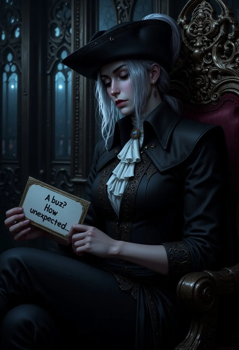 A haunting scene of Lady Maria seated solemnly in a dimly lit chamber atop the Astral Clocktower, her silver hair falls from her hat, she's holding a sign that says "A buzz? How unexpected..."