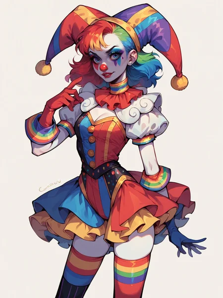 score_9, score_8_up, score_7_up, score_6_up,  1girl, <lora:c1rcus2XLP:0.6> c1rcus, clown, multicolored hair, thighhighs, gloves, makeup, striped, jester cap