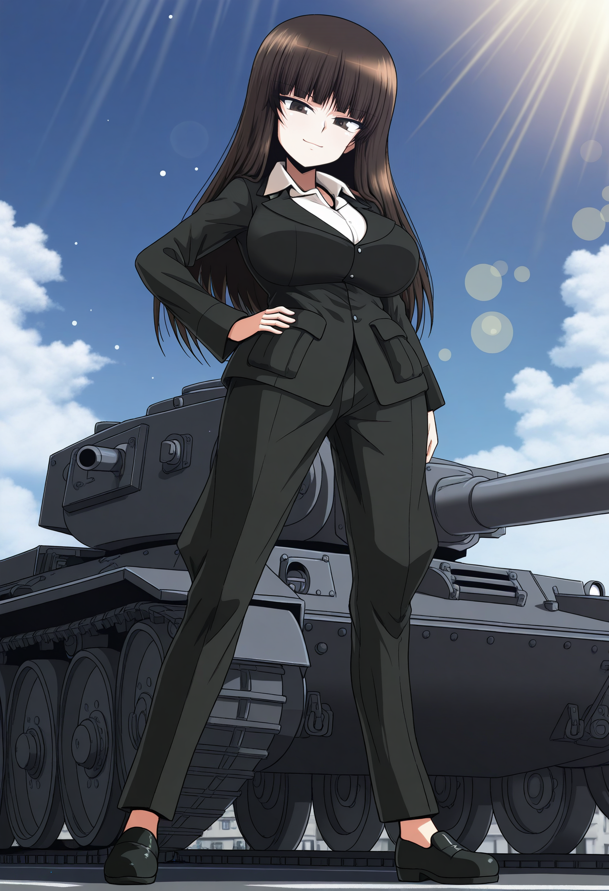 masterpiece, best quality, good quality, <lora:KShiho style:1>, KShiho style, nishizumi shiho, mature female, 1girl, brown hair, long hair, blunt bangs, brown eyes, large breasts,
black jacket, collared shirt, white shirt, black pants,
black shoes,
looking at viewer, smile, hand on own hip, from below, legs apart, full body,
BREAK, day, outdoors, light rays, street, blue sky, cloud, bokeh, light particles, tank,