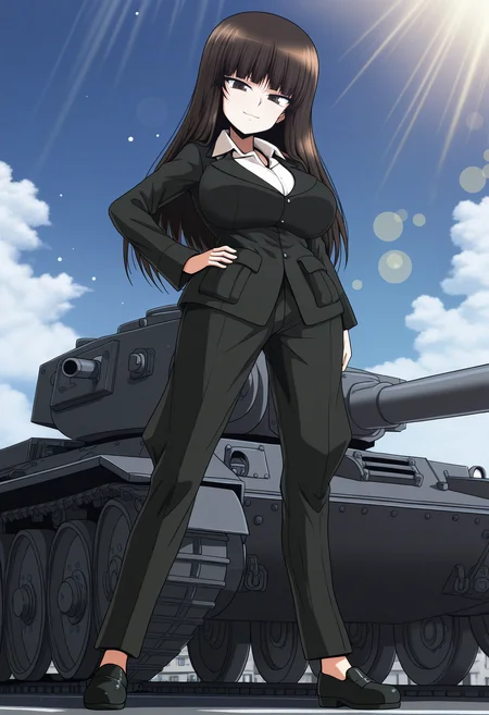 masterpiece, best quality, good quality, <lora:KShiho style:1>, KShiho style, nishizumi shiho, mature female, 1girl, brown hair, long hair, blunt bangs, brown eyes, large breasts,
black jacket, collared shirt, white shirt, black pants,
black shoes,
looking at viewer, smile, hand on own hip, from below, legs apart, full body,
BREAK, day, outdoors, light rays, street, blue sky, cloud, bokeh, light particles, tank,