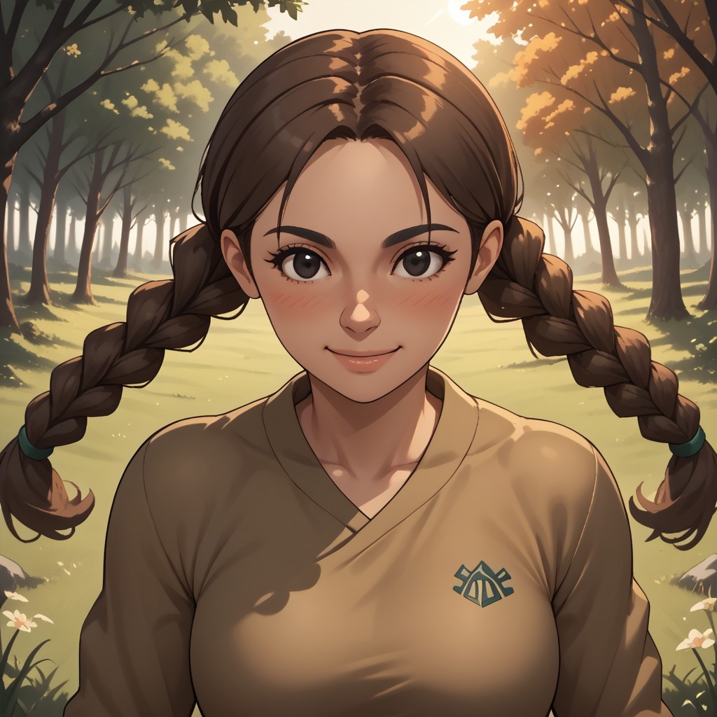 score_9, score_8, BREAK, solo, wii, mii, wii sports, 1girl, female mii, brown hair, low braids, black eyes, black eyebrows, blush, breasts, brown clothing, black pants, shoes, nintendo mii, modern_mii, classic_mii, Yuriko_(Wii_Sports), cute, sexy pose, self portrait, smile, outdoors, sunlight, shadows, evening lighting, natural lighting, forest, trees, grass, orange sky, sunset