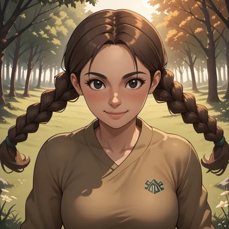 score_9, score_8, BREAK, solo, wii, mii, wii sports, 1girl, female mii, brown hair, low braids, black eyes, black eyebrows, blush, breasts, brown clothing, black pants, shoes, nintendo mii, modern_mii, classic_mii, Yuriko_(Wii_Sports), cute, sexy pose, self portrait, smile, outdoors, sunlight, shadows, evening lighting, natural lighting, forest, trees, grass, orange sky, sunset