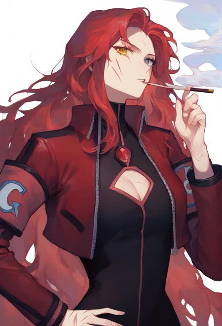 (score_9, score_8_up:1.1), score_7_up, masterpiece, perfect face, beautiful face, perfect hands, beautiful hands, <lora:Gebura_PM:1>, GeburaPM, GeburaLC, scars, eye scar, 1girl, solo, long hair, breasts, looking at viewer, simple background, long sleeves, white background, holding, cleavage, very long hair, jacket, yellow eyes, upper body, red hair, open clothes, open jacket, hand on hip, clothing cutout, heterochromia, grey eyes, scar, mouth hold, cleavage cutout, red jacket, scar on face, smoke, cropped jacket, cigarette, scar across eye, smoking, holding paper, armband, black bodysuit