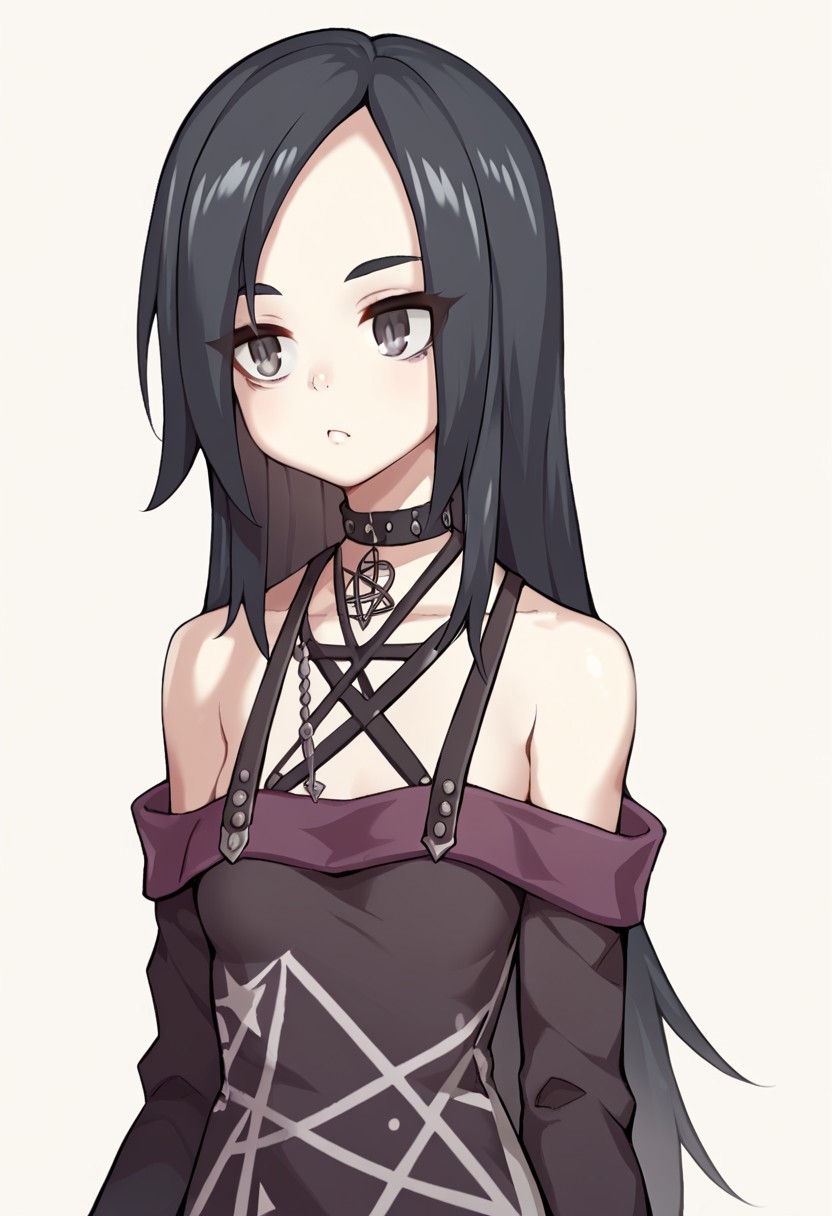 score_9, score_8_up, score_7_up, ZoeSOL, pale skin, dark grey hair, grey eyes, baggy eyes, long hair, small breast, standing, casual clothes, exposed shoulders, chocker, pentagram, white background