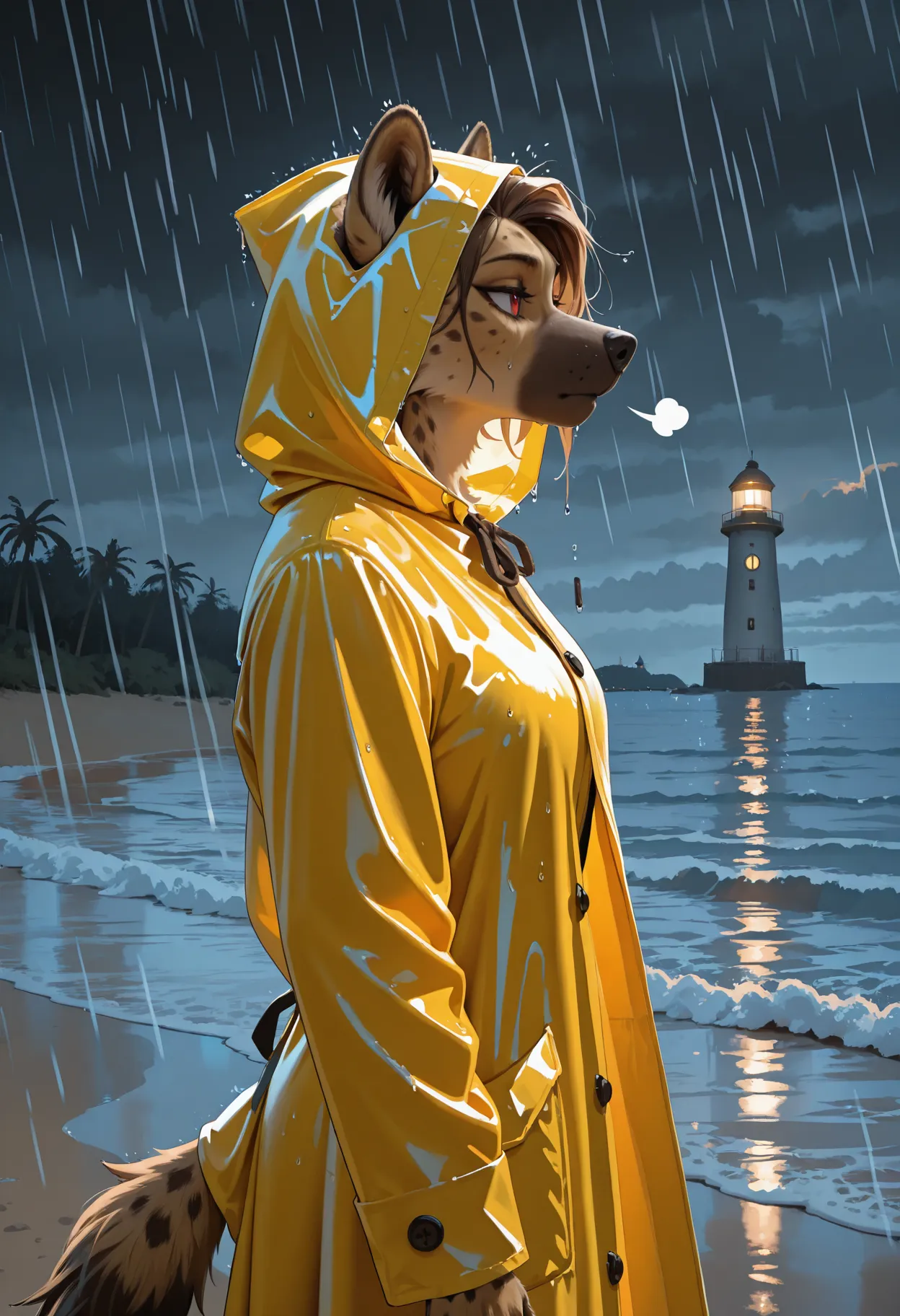 masterpiece, best quality, newest, absurdres, highres, safe, detailed lighting, realistic lighting, photo, realistic, realistic fur, detailed fur, tufts, fluffy, beautiful lighting, high contrast, BREAK,
gnoll, tan fur, red eyes, tan fur, black snout, tail, muscular, fit, hyena, brown mane, furry, anthro, female, 1girl, raincoat, yellow raincoat, hood up, upper body, walking, raining, wet, drips, overcast, ocean, beach, lighthouse, outdoors, storm, dark background, moody, dark, from side, three-quarter view, looking ahead, sigh, bored, walking, tired, (open mouth:0.4), wet fur,
<lora:Gnollv5Illusts97:0.8>