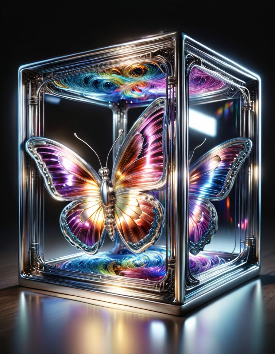 photograph, realistic, wide angle, a three dimensional cube filled with luminous threads of colorful light with a shimmering iridescent 1butterfly locked inside, linquivera, made out of  ral-polishedsteel <lora:ral-polishedsteel:1>