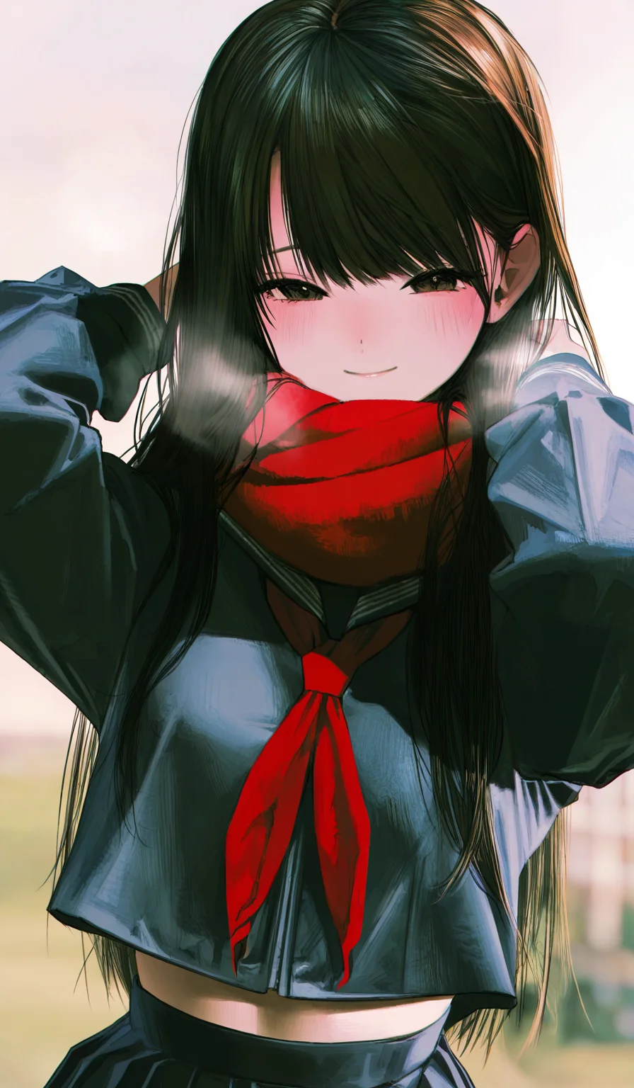<lora:HonnryouHanaru-Style>,
highres,absurdres,newest,very awa,masterpiece,best quality,year 2024,
(upper body:1.6),
1girl, solo, red scarf, long hair, scarf, skirt, school uniform, serafuku, black eyes, black hair, blush, looking at viewer, neckerchief, smile, black skirt, pleated skirt, long sleeves, red neckerchief, closed mouth, midriff peek, shirt, black serafuku, breath, sleeves past wrists, black shirt