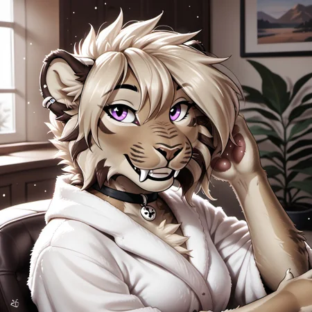 by f-r95, realistic, highres, super high resolution, 8k, photo, anthro, furry, furry, anthro, fur, tail, detailed fur, detailed, anthro, F.M PDXL, whtfx, soft body fur, rostran style, saber-toothed_tiger, anthro sabertooth tiger, purple eyes, blonde hair, striped body, beige body, choker, piercing, female saber-toothed tiger, tufted fur, tufted ears, cheast tuft, fluffy tiger tail, detailed fur, smile, feline teeth, modren livingroom, sitting in chair, bathrobe, seductive smile, resting head on hand,