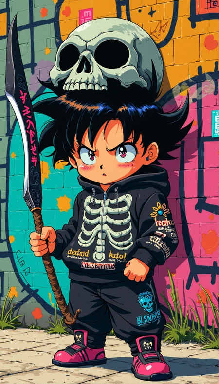 modernretroanime
"A chibi son goku with massive, spiked black hair, wearing a hoodie featuring a detailed skeleton design, topped with a large, stylized skull hood. His jacket, covered in graffiti-inspired patterns, stands out against a brightly painted wall filled with abstract shapes and vibrant hues. He holds a scythe with a polished black blade, and his confident, intense expression adds a mischievous charm. The detailed sneakers and accessories, including a chain, enhance his rebellious street-style aesthetic."
 <lora:FluxDFaeTasticDetails:0.3> <lora:Modern-Retro_Anime-FLUX:0.7000000000000001>