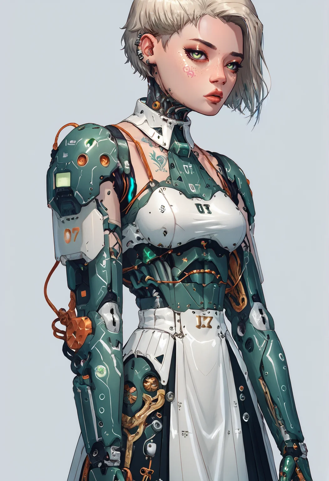 score_9,score_8_up,score_7_up,score_6_up,score_5_up,score_4_up,1 girl,solo,female focus,looking at the spectator,(Heart-shaped face, dark green eyes, slightly pouty lips, short pixie-cut platinum blonde hair, 5'7", 130 lbs, medium breasts, narrow waist, athletic build, a celestial tattoo on the wrist, light olive skin, high cheekbones, and a delicate chin.:1.3),(A emerald green lace bra combined with a gold puffy mini skirt, complemented by matching green high heels on a platform, showcasing detailed lace designs and a shimmering skirt made of luxurious satin, providing a rich visual appeal.:1.3),(plain contrasting background:1.3),(full-length:1.5),hands,Perfect hand,Perfect feet,Perfect eyes,cyb0rg,science fiction,cable,mechanical parts,<lora:feet v3:1>,<lora:hand 4:1>,<lora:PerfectEyesXL:1>,zPDXL2,zPDXLpg,<lora:cyb0rgXLP:0.8>,<lora:add-detail-xl:1>,<lora:DP-Pony:1>,p33rs,<lora:incase-ilff-v3-4:0.2>,