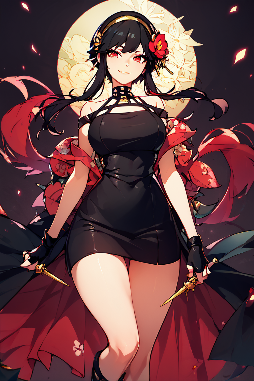 score_9, score_8_up, score_8, big breasts, (curvy), cute, eyelashes,      rating safe,   BREAK,  YorForger,1girl,black hair, red eyes, short hair with long locks, gold hairband, hair flower, black choker, black dress, sleeveless, off shoulder, floral print, fingerless gloves, black footwear, thigh holding dagger,   BREAK,   smile, looking at viewer, abstract background, thorns, dark theme, white outline, cowboy shot,   embedding:zPDXL, Expressiveh