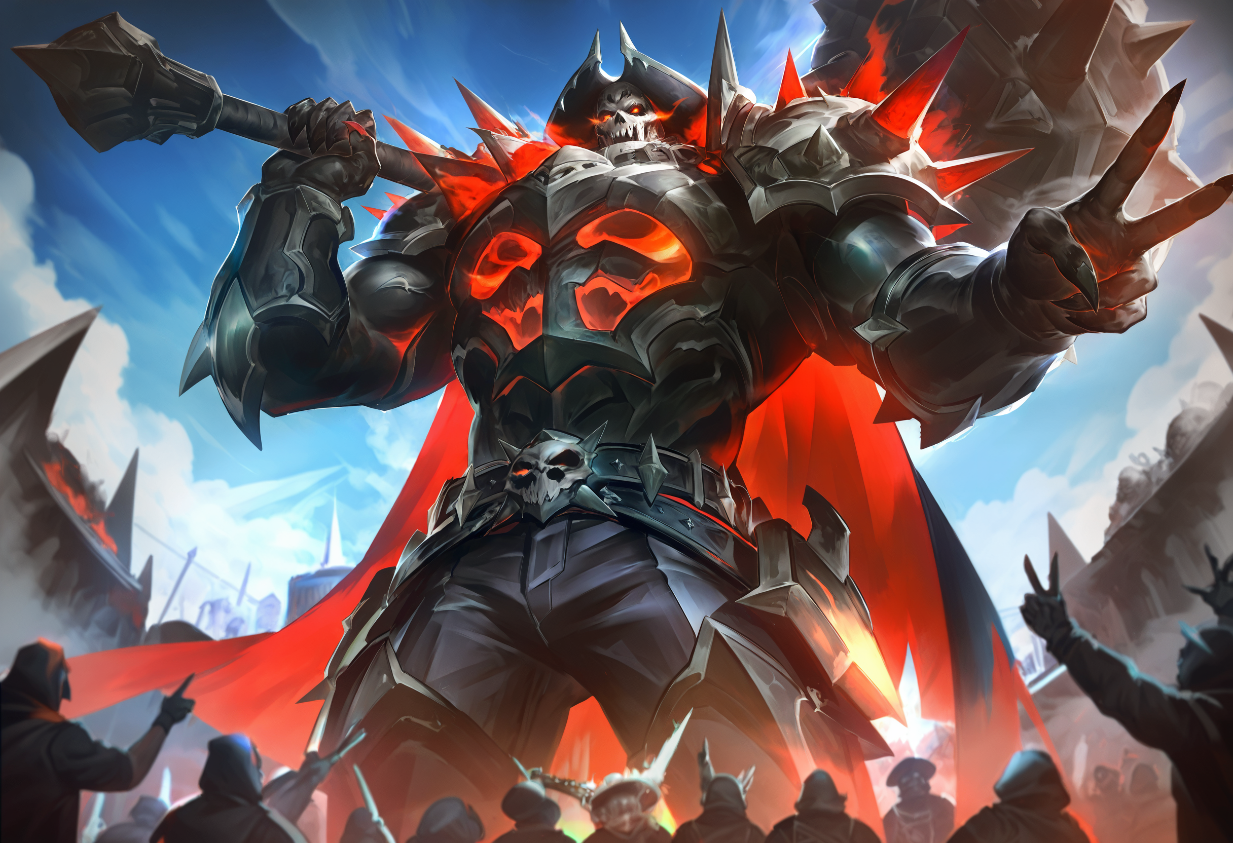 lolart,SpTASIL, 1girl, 6+boys, axe, belt, cape, claws, cloud, club (weapon), crowd, fire, from below, gauntlets, giant, gloves, glowing eyes, gun, hat, helmet, holding hammer, holding weapon, hood, jacket, looking at viewer, male focus, multiple boys, multiple girls, muscular, open mouth, outdoors, over shoulder, pants, red eyes, shoulder armor, shoulder spikes, skull, sky, smile, solo focus, standing, teeth, v, weapon over shoulder <lora:lolart-ill11-v5.1:0.8000000000000002>
