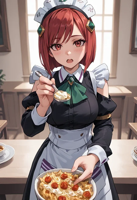 score_4,score_5,score_6,score_7_up,score_8_up,score_9 ((masterpiece,best quality,ultra detailed,highres,HD,4k:1.2)),
1girl, solo,solo focus,girl focus,face focus,
red hair,red eyes,short hair,hair ornament,large breasts,
maid headdress, maid,apron,long sleeves,long skirt,maid apron,boots,
((Apron, sleeveless, exposed arms, exposed shoulders, frilly aprons:1.1)), upper body, pov,feeding,looking at viewer,feeding, food,incoming food, holding spoon,
looking at viewer,blush,shy,Expressionless,open mouth,