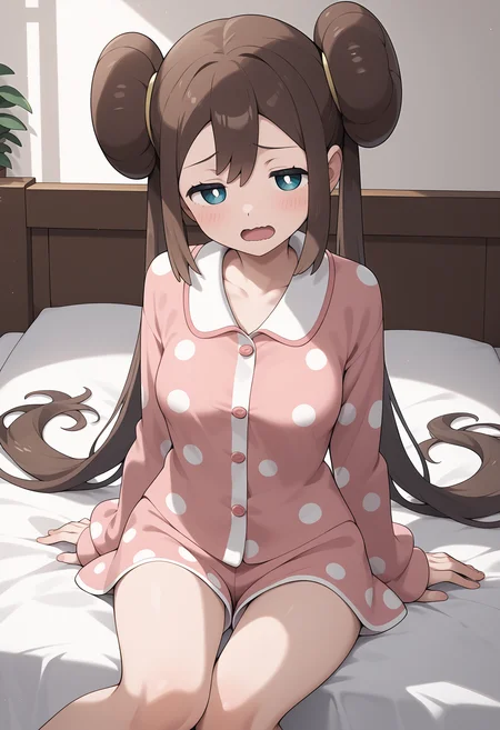 score_9, score_8_up, score_7_up, score_6_up, score_5_up, score_4_up, source_anime, aarosa, long hair, brown hair, double bun, twintails, blue eyes, medium breasts, <lora:rosa_(pokemon)_ponyxl_v1:0.9>, half-closed eyes, polka dot, pajama, on bed, sitting, wavy mouth, open mouth,