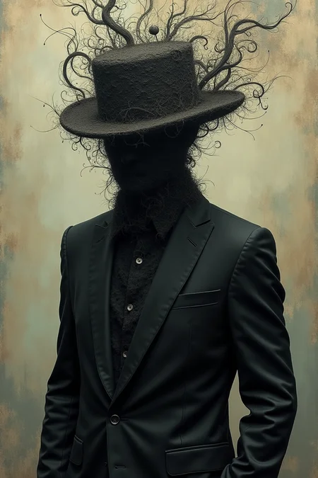 A figure draped in a dark suit, wearing a hat that seems to be disintegrating or merging with intricate, swirling patterns. The background is a blend of muted colors, with abstract shapes and designs that further enhance the surreal atmosphere. The figure's face is obscured, adding to the enigmatic quality of the artwork.