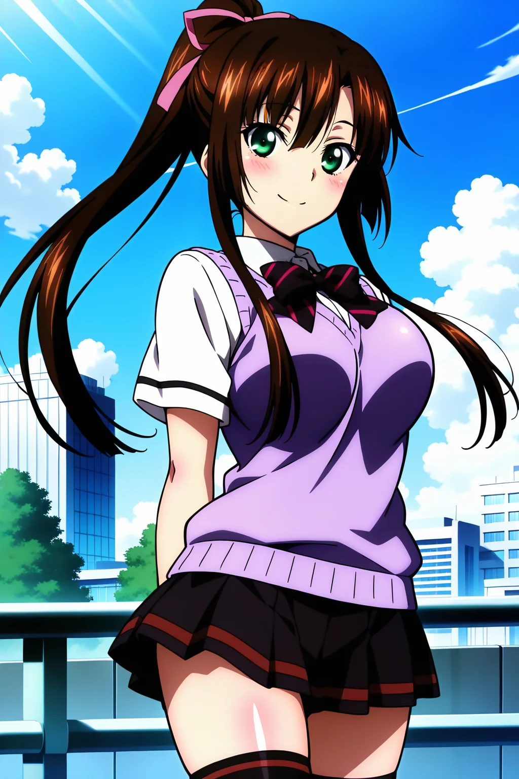anime screenshot, strike the blood, 1girl, solo, kirasaka sayaka, brown hair, long hair, ponytail, high ponytail, hair ribbon, pink ribbon, green eyes, large breasts, school uniform, white shirt, collared shirt, short sleeves, sweater vest, purple sweater, purple vest, black bow, black bowtie, striped bow, striped bowtie, red stripes, black skirt, pleated skirt, black thighhighs, striped thighhighs, looking at viewer, smile, arms behind back, closed mouth, cowboy shot, outdoors, city, day, blue sky, masterpiece, best quality, high quality, highres, absurdres, <lora:kirasaka_sayaka_ILXL:0,9>