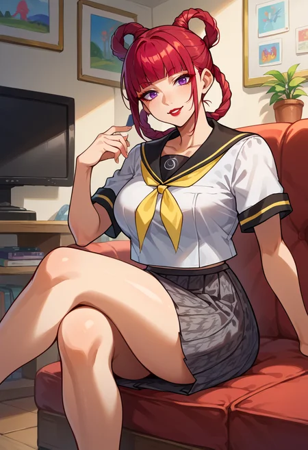 score_9, score_8_up, source_anime, tube television, indoors, <lora:ChamYasogamiSchoolUniformPonyXL:1> YasogamiFemaleSummer, white shirt, short sleeves, black sailor collar, yellow neckerchief, grey skirt, sitting, crossed legs,, solo, seductive smile, red lips,
1girl, purple eyes, red hair, blunt bangs, large breasts, low hair rings,
