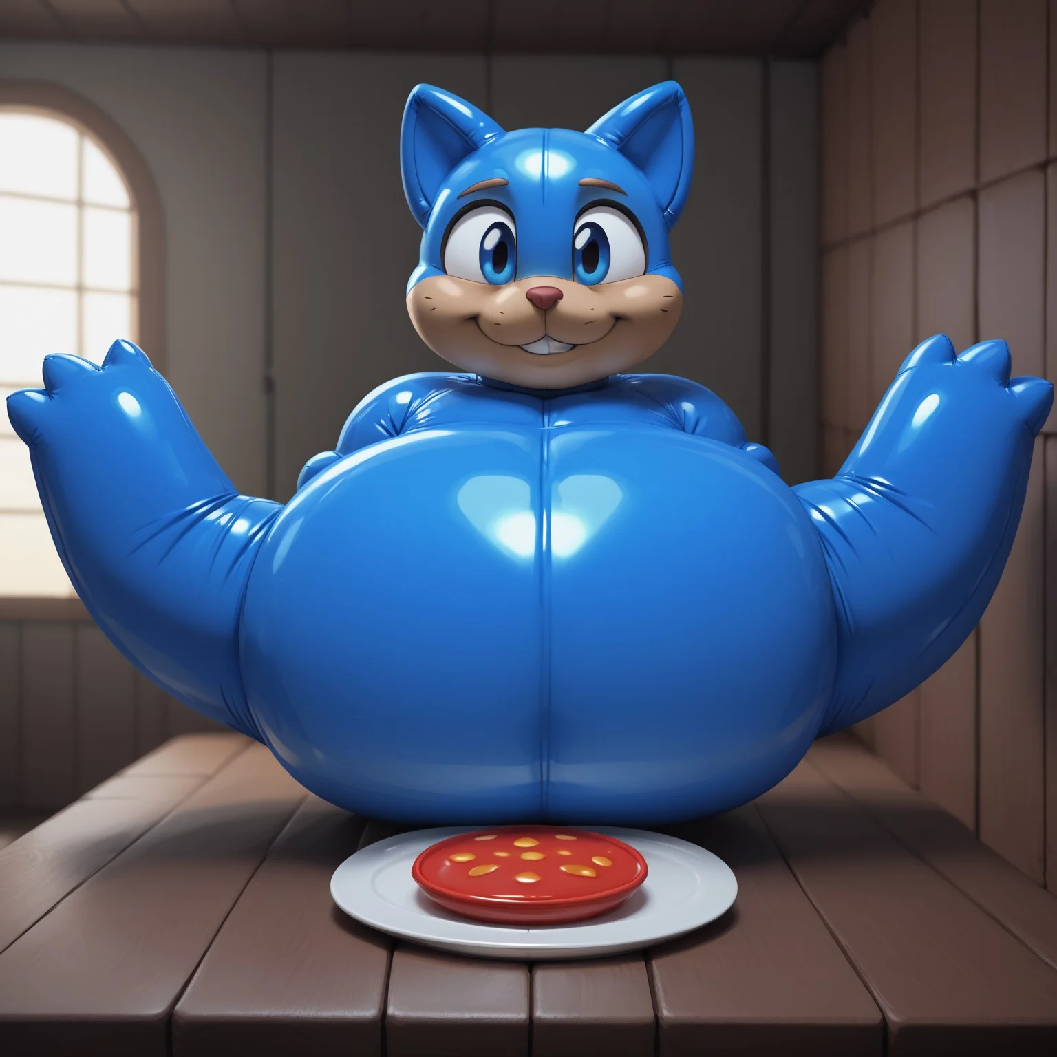 3000 whys of blue cat, lan mao, armor, blue armor, male, furry male, cat, solo, 1boy, tail, blue eyes, blue fur, male focus, animal ears, cat ears, cat tail, blue tail, smile, colored, chestplate, red chestplate, red triangular chestplate, gloss, shiny, glossy, squeak, squeaky, squish, squishy, smell, stink, stinky, smelly, sexy, hot, inflatable, inflatable suit, balloonie, living balloon, living inflatable, latex, rubber, latex suit, blue latex suit, squeak suit, squeaky suit, furry, highly detailed digital art, cinematic lighting, dramatic lighting, fantasy landscape, lush forest, photorealistic, 8k, sharp focus, realistic textures, vibrant colors, dynamic composition, volumetric lighting, depth of field, padded cell, padded walls, padded room