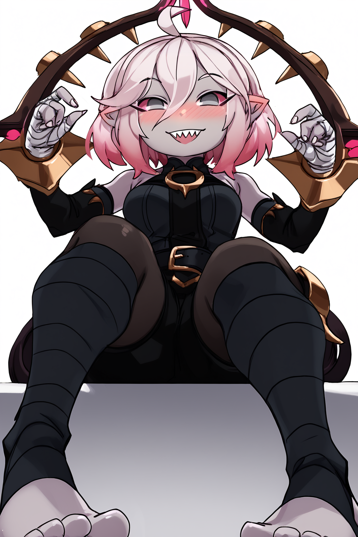 score_9, score_8_up, score_7_up, score_6_up, BREAK, BriarLoLXLv2, grey skin, colored skin, no pupils, grey eyes, pink sclera, white hair, pink hair, two-tone hair, gradient hair, short hair, hair between eyes, ahoge, pointy ears, sharp teeth, medium breasts, bare shoulders, black thight dress, detached sleeves, black bandaged sleeves, black shorts, belt, (black bandaged legwear), toeless legwear, sitting, ((bellow view)), looking at viewer, seductive smile, naughty face, nose blush, white background, simple background  <lora:BriarLoLXLv2:0.8>, ZanamaoriaStylePXL <lora:ZanamaoriaStylePXL:1>