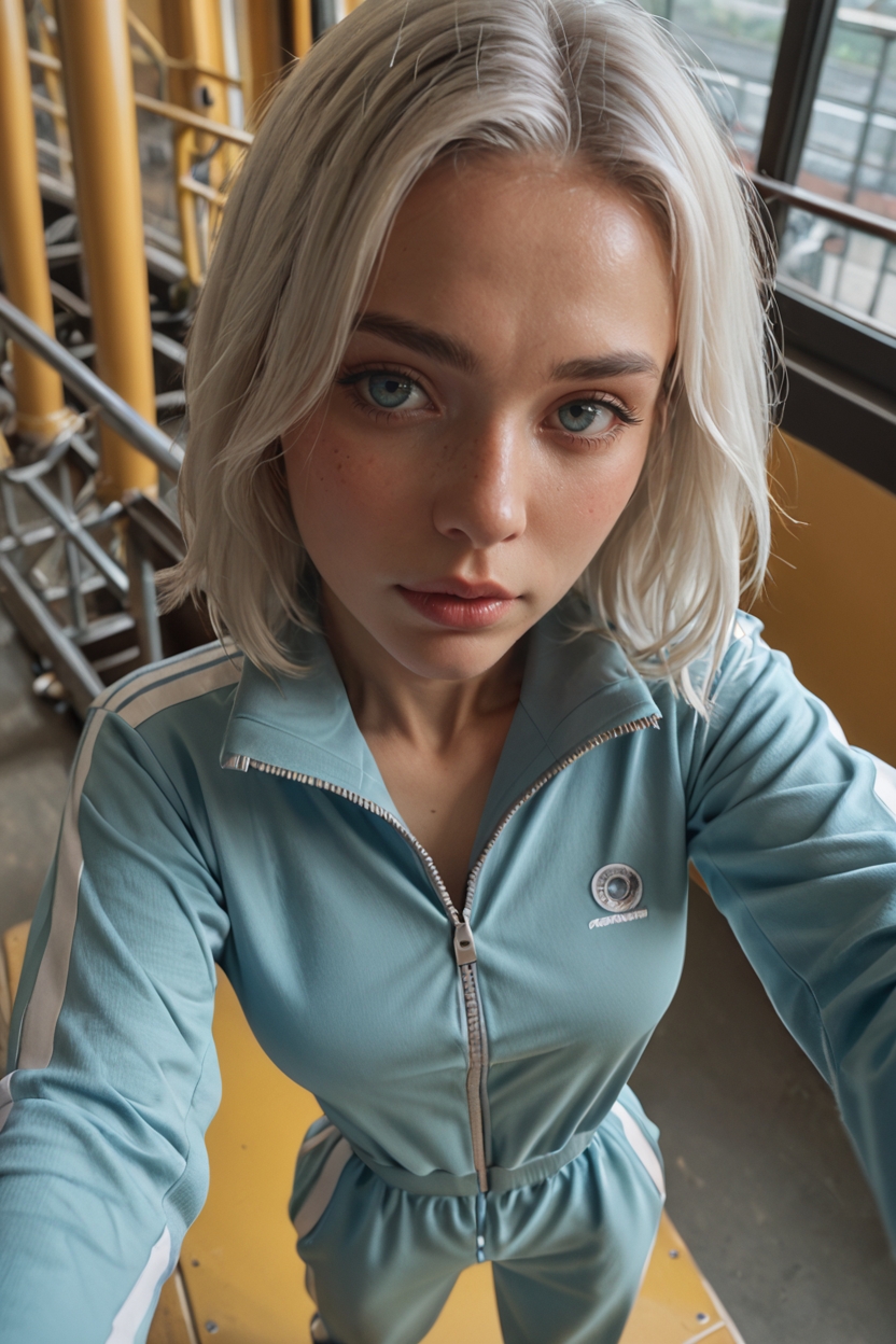 score_9, score_8_up, score_7_up, woman, from above, selfie, portrait, tracksuit, narrow waist, medium breasts, white hair, medium hair, roller coaster <lora:fromabovev11_PONY:1>