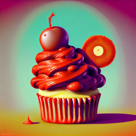food_crit, cupcake with big red teeth and rainbow frosting