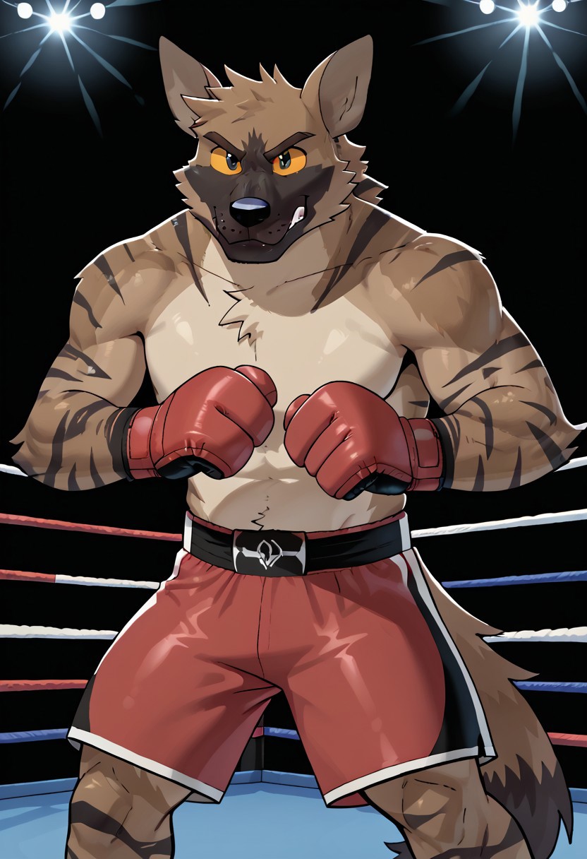 score_9, score_8_up, score_7_up, solo, 1boy, (Redlinevn), hyena, yellow sclera, (dark gray eyes), mad, fight stance, balled fist, red boxing mitts, red boxing shorts, boxing arena, boxing arena background, indoors, hi res, 4k res, body movement, looking at viewer, pupils shown, detailed eyes, eyes focus, perfect eyes, perfect face, best artwork, highly detailed