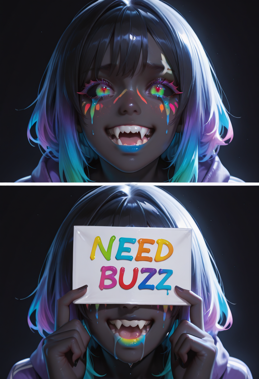 1girl, cute:2, (SmoothNoob_Quality), Smooth Quality, HDR, raytracing, pathtracing, 3d render, realistic skin, realistic textures, detailed skin, masterpiece, best quality, absurdres, <lora:ðð¡ð_ð¨ð§ð¥ð²_ðð¨ðð_ð²ð¨ð®_ðð¯ðð«_ð§ððð_v2__å¿è¦ãªã®ã¯LoRAã ã__by_CHROMEKIDD:.5>, amazing quality, ((holding sign:4, "NEED BUZZ":2)), face, solo, straight-on, close up, portrait, dark, ADDBASE, beautiful face, detailed, cute, big eye, simple background, black hair, fair skin, dull, dull colors, worried, scared, ADDCOL, (split image, split screen:1), shocked, blushing, (rainbow paint splatter), qxys, thermal, bright colors, black background, colored tears, crying, colored pupil, black sclera, (black skin, dark skin), reflective hair, v-shaped eyebrows, rainbow gradient eyes, colorful eyelashes, white eyebrow, (facepaint), rainbow paint splatter, crazy, ADDROW, (worried, blushing), open mouth, pale skin, white teeth, drooling, rainbow saliva, rainbow mouth, colorful sharp teeth, black skin, dark skin, huge reflective fangs, happy, grin, colored drooling, saliva, colored drool in mouth, rainbow lipstick, facepaint, colorful fangs
